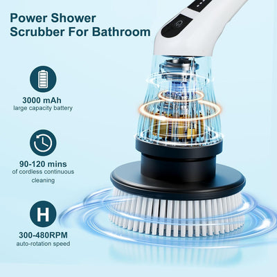Electric Spin Scrubber with 7 Replaceable Brush Head，Shower Scrubber with Long Handle,7 in 1 Cordless Cleaning Brush，Power Shower Scrubber for Bathroom, Tub, Tile, Floor, Kitchen, Window,Black