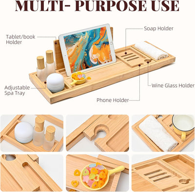 Wood Foldable Bathtub Tray Caddy Bamboo Bathtub Tray Expandable, Bath Tub Table Caddy with Extending Sides - Bathtub Accessories for Women or Men (Natural)