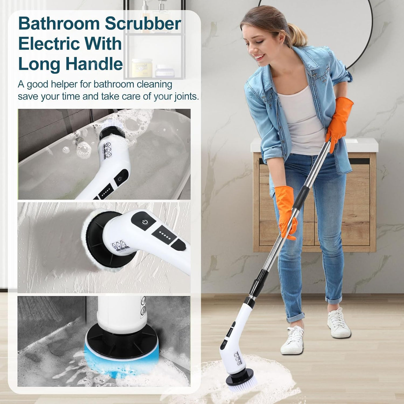 Electric Spin Scrubber with 7 Replaceable Brush Head，Shower Scrubber with Long Handle,7 in 1 Cordless Cleaning Brush，Power Shower Scrubber for Bathroom, Tub, Tile, Floor, Kitchen, Window,Black