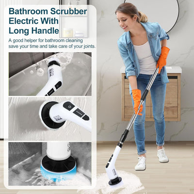 Electric Spin Scrubber with 7 Replaceable Brush Head，Shower Scrubber with Long Handle,7 in 1 Cordless Cleaning Brush，Power Shower Scrubber for Bathroom, Tub, Tile, Floor, Kitchen, Window,Black