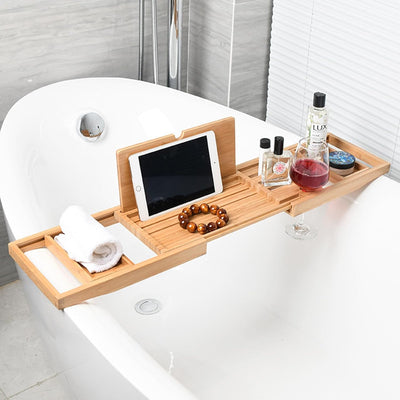 Wood Foldable Bathtub Tray Caddy Bamboo Bathtub Tray Expandable, Bath Tub Table Caddy with Extending Sides - Bathtub Accessories for Women or Men (Natural)