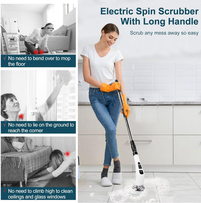 Electric Spin Scrubber with 7 Replaceable Brush Head，Shower Scrubber with Long Handle,7 in 1 Cordless Cleaning Brush，Power Shower Scrubber for Bathroom, Tub, Tile, Floor, Kitchen, Window,Black