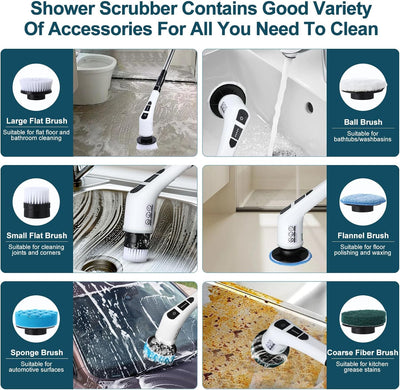 Electric Spin Scrubber with 7 Replaceable Brush Head，Shower Scrubber with Long Handle,7 in 1 Cordless Cleaning Brush，Power Shower Scrubber for Bathroom, Tub, Tile, Floor, Kitchen, Window,Black