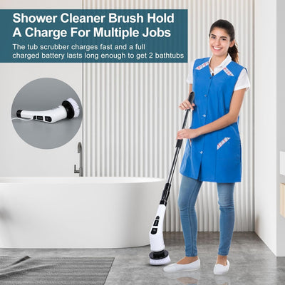 Electric Spin Scrubber with 7 Replaceable Brush Head，Shower Scrubber with Long Handle,7 in 1 Cordless Cleaning Brush，Power Shower Scrubber for Bathroom, Tub, Tile, Floor, Kitchen, Window,Black