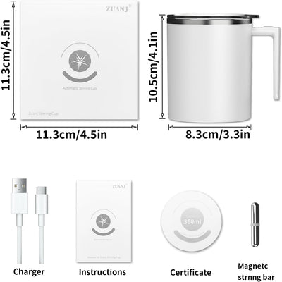 Self Stirring Coffee Mug 12.2 Oz, Electric Mixing Cup with Magnetic Stirrer & Anti-Sedimentation, Rechargeable Travel Mug for Coffee, Milk, Hot Cocoa (White)