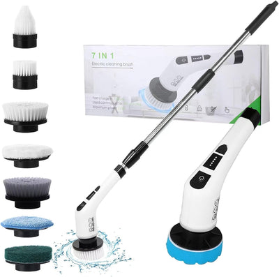 Electric Spin Scrubber with 7 Replaceable Brush Head，Shower Scrubber with Long Handle,7 in 1 Cordless Cleaning Brush，Power Shower Scrubber for Bathroom, Tub, Tile, Floor, Kitchen, Window,Black