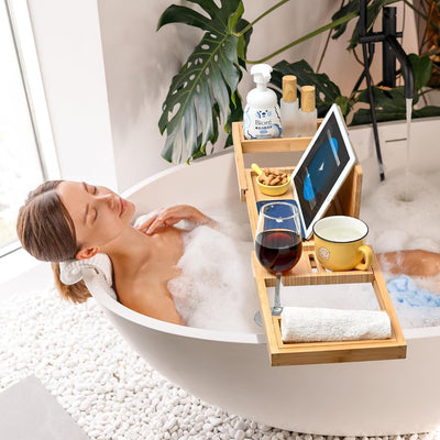Wood Foldable Bathtub Tray Caddy Bamboo Bathtub Tray Expandable, Bath Tub Table Caddy with Extending Sides - Bathtub Accessories for Women or Men (Natural)