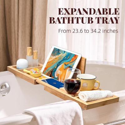 Wood Foldable Bathtub Tray Caddy Bamboo Bathtub Tray Expandable, Bath Tub Table Caddy with Extending Sides - Bathtub Accessories for Women or Men (Natural)