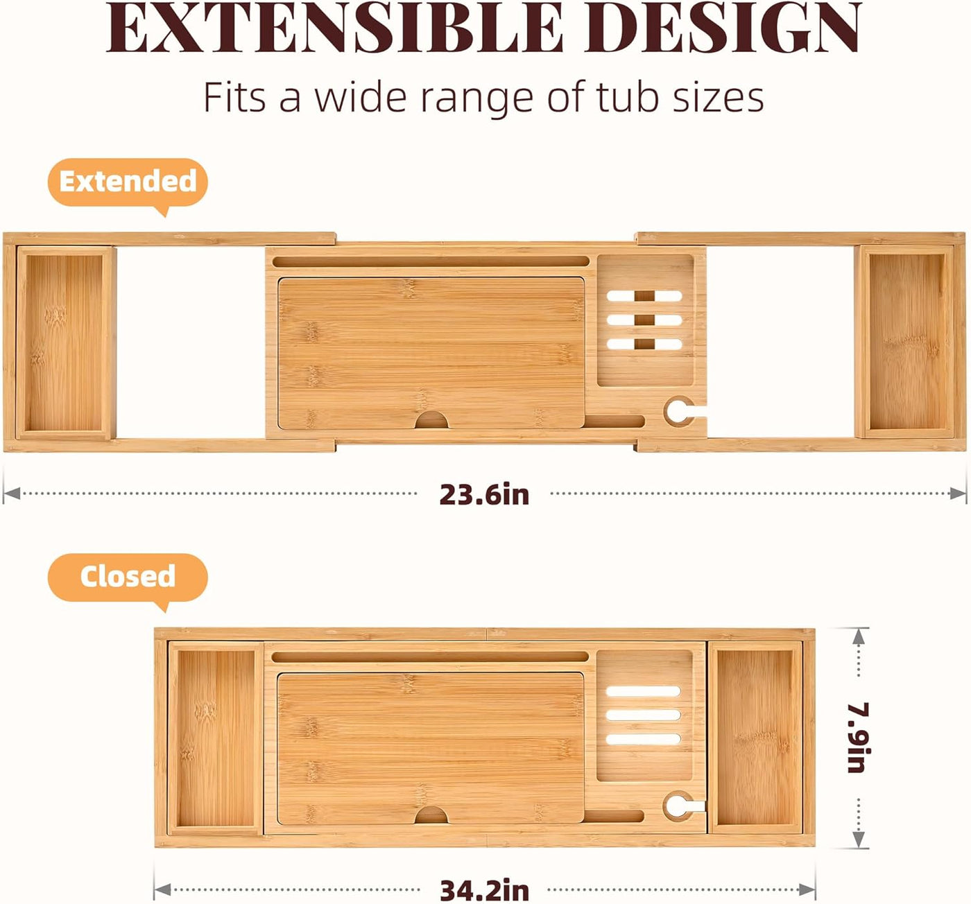 Wood Foldable Bathtub Tray Caddy Bamboo Bathtub Tray Expandable, Bath Tub Table Caddy with Extending Sides - Bathtub Accessories for Women or Men (Natural)
