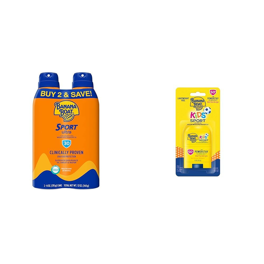 Sport Ultra Clear Spray Sunscreen SPF 30 Twin Pack and Kids Sport Sunscreen Stick SPF 50